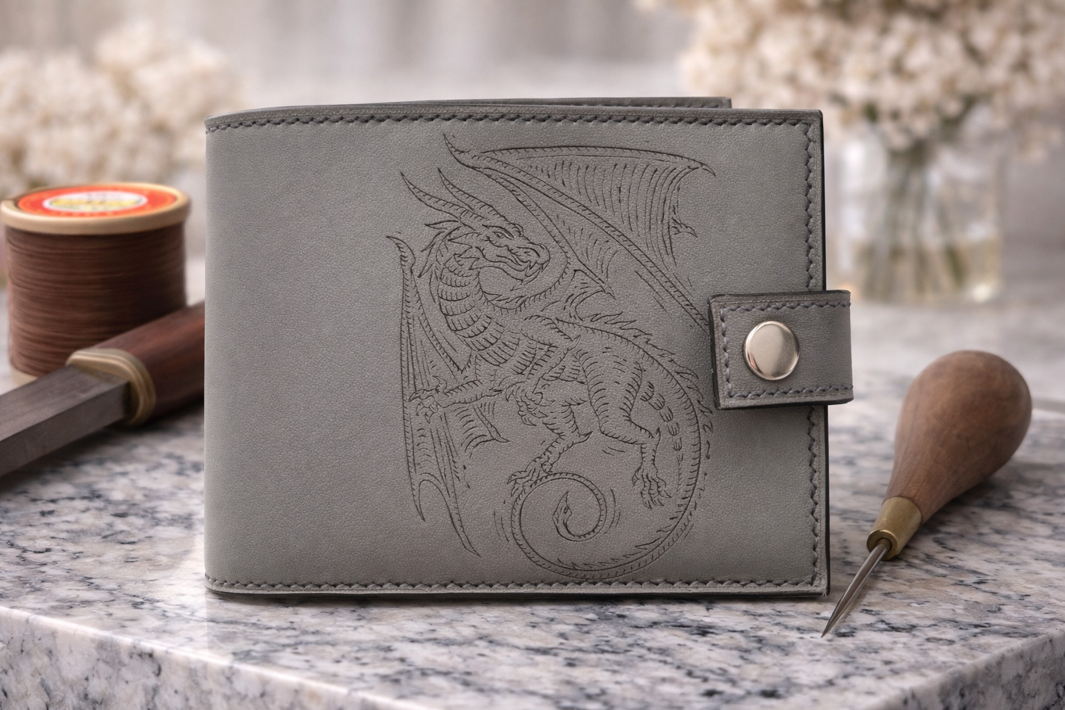 Portefeuille en cuir gris et dragon